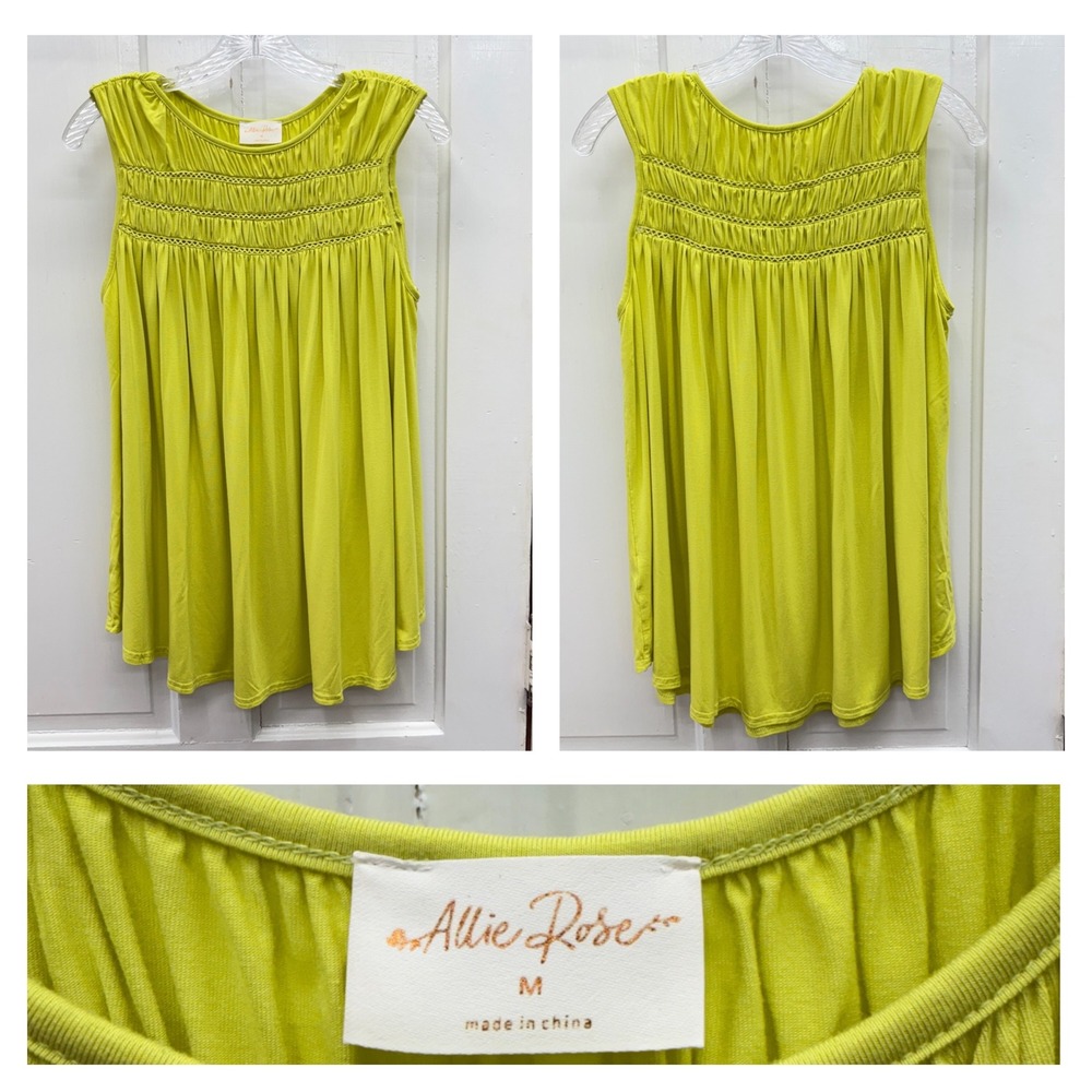 Allie Rose Womens Medium Lime Green Sleeveless Crochet Lace Pleated Blouse Top